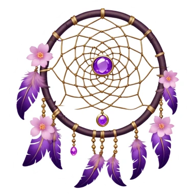 A white-circle-framed Dreamcatcher, with purple-round-orb-stones, gold-ring-accents, purple tint flowers, pink sakura flowers, sticker