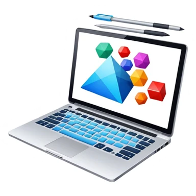 Professional icon for Graphic Design: a laptop with Photoshop open on the screen, displaying geometric shapes like spheres, cubes, and pyramids, along with a stylus. The icon should reflect the creative process in graphic design. Transparent background. sticker