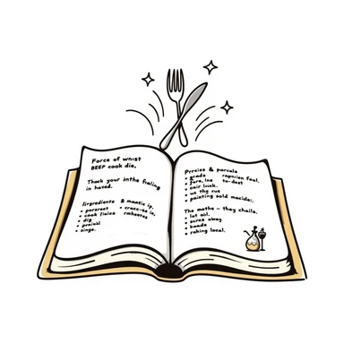 Whimsical enchanted cookbook with magical fork and spoon emblem that's animated with sparkling fairy dust, magical recipe collection sticker