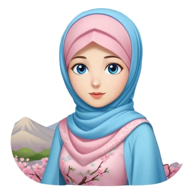 Turkish beautiful finish Konya girls blue eyes with lovely cherry blossom hijab long tail dress and blue sky background  sticker