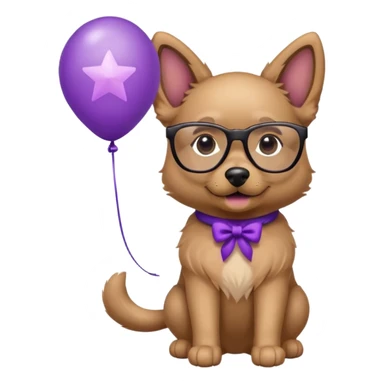 dog holding purple star balloon in hand with black glasses close view  sticker