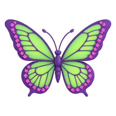a fantasy butterfly in vibrant #c0ff53 green with deep purple edges, glowing pink details, intricate veins, surrounded by sparkling magical dust and tiny pink flowers, 3D cartoon style, elegant fantasy, transparent background, Discord role icon sticker