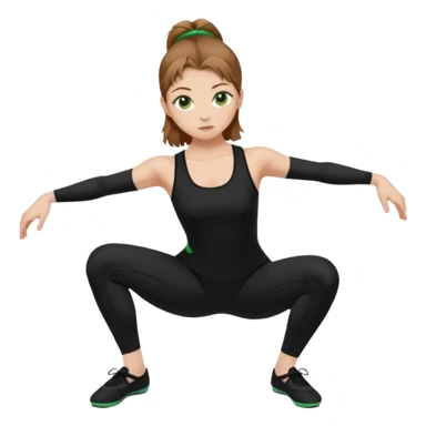 Beautiful woman with light brown shoulder length hair popping a squat without any weights. Make her with a little lighter, brown hair and green eyes. Make her fair skinned and wearing a black workout suit. make her wearing black ballet flats. sticker
