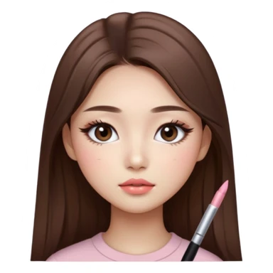 “korean straight long brown hair Emoji girl, soft eyeliner and blush, gradient lips, light brown shimmer eyeshadow sticker