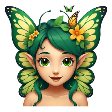 Cinematic Realistic Forest Fairy Portrait, head tilted dramatically with an exaggeratedly amused expression, featuring a striking, nature-infused form with glowing, sun-kissed tanned skin and vividly detailed dark green hair adorned with floral accents. Her expressive eyes brim with playful forest mischief, rendered with vibrant, lifelike textures and dynamic dappled lighting that conveys a spirited, over‐the‐top woodland whimsy showing her large butterfly wings from her back. sticker