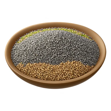 chia seeds small scatter tiny oval seeds black grey white smooth glossy light organic texture soft cluster no bowl spoon packaging no faces clean 3D soft shadows transparent background emoji scale sticker