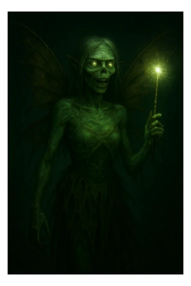 Edit the image of a zombie fairy holding a glowing magic wand with decayed wings, greenish skin, tattered dress, and an eerie glow. Keep the same style as the reference image. sticker