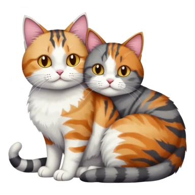 full body colourful light patched calico + white tabby cat cuddling a bigger cat that is dark grey and white tabby cat  and they are in love sticker
