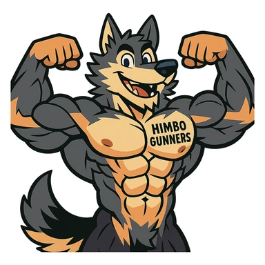 super buff, hyper-detailed wolf furry, shirtless, with 'Himbo Gunners' tattoo on chest, flexing with both arms, charming smile, highly defined muscles and fur sticker