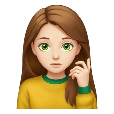 please create an emoji of a semi pale girl with long brown hair, green eyes, wearing a yellow sweater sticker