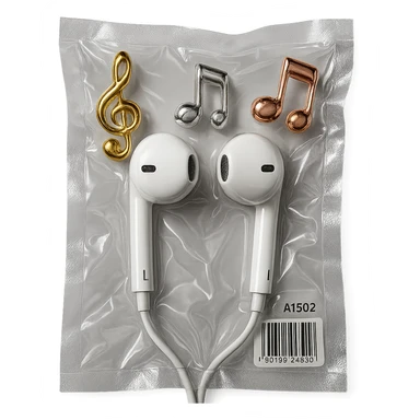 pair of white EarPods with three floating glass music notes in gold, silver, and rose gold, shiny and puffy sticker