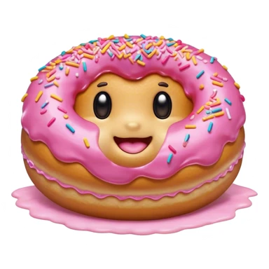 Cinematic tiny happy donut, round and fluffy, golden brown with pink icing and sprinkles, tiny adorable face with blushing cheeks, warm glowing background. sticker