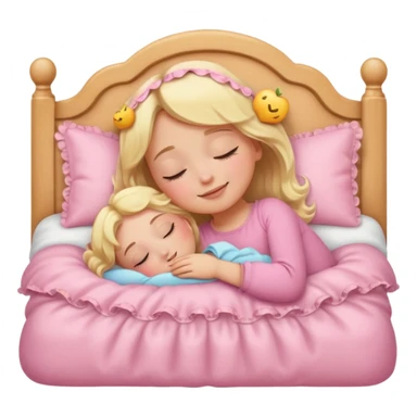 a blonde girl sleeping in a frilly baby pink bed, eyes closed, emoji-like simplicity and clarity, apple emoji style sticker