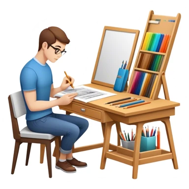 Icon for Furniture Design: a workspace with a designer sketching a piece of furniture, surrounded by design tools like a ruler, pencil, fabric swatches, and a 3D model of the furniture. The icon should represent the design process and creativity in furniture making. Transparent background. sticker