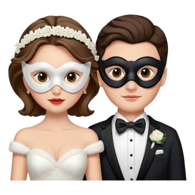 a recently marries couple skiing, masks on in wedding dress and tux sticker