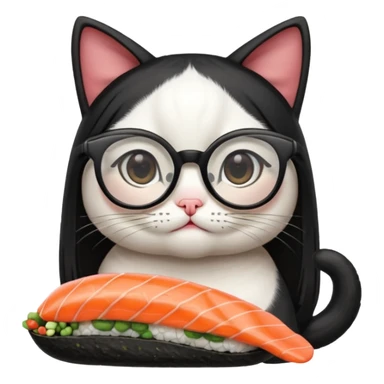 cute girl cat with long straight hair and really big square glasses with super thin frames eating sushi sticker