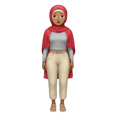 Heavy-set woman with medium-brown skin wearing a light red hijab, cream top, light red pants, tan shoes, and a visible gray below-knee prosthetic leg. Standing confidently with one hand on her hip sticker