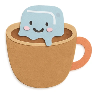 melting ice cube character in coffee drink, smiling face, kawaii pastel hand-drawn style sticker