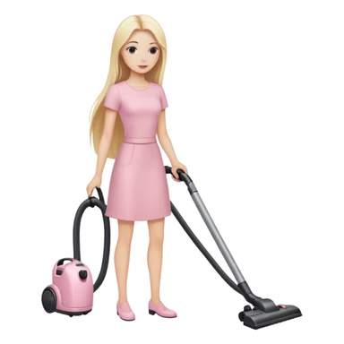 A white girl with long blonde straight hair in pale pink-colored clothes vacuums sticker