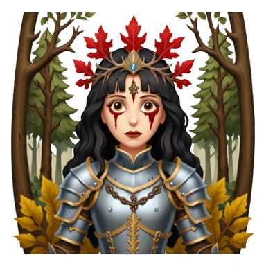 realistic cinematic actress Cher in baroque styling like Joan of Orleans dirty bloody damaged armor in a forest sticker