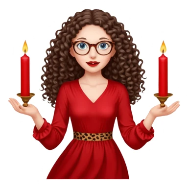 a blue eyed woman with very long brunette curly hair, full lips,and really pale skin. She is wearing a leopard printed thin round-ish glasses . She is wearing fully plain silky red dress. She is flying on the air. There are red candles in her hands. She is making a magic. sticker