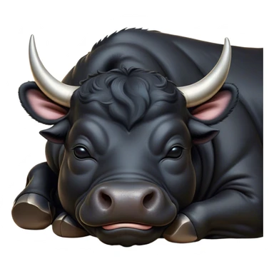 Meme-Worthy Cute Sleeping Black Bull Portrait Emoji, Head resting peacefully with a contented smile, showcasing a robust, massive build and a luxuriously soft pure black hide, eyes shut in a serene, restful nap, Simplified yet hilariously adorable features, highly detailed, glowing with a soft, drowsy light, high shine, relaxed and utterly lovable, stylized with an air of playful laziness, bright and heartwarming, soft glowing outline, capturing the essence of a comically sleepy guardian, so meme-worthy it feels like it could instantly become the next viral sensation of adorable slumber! sticker