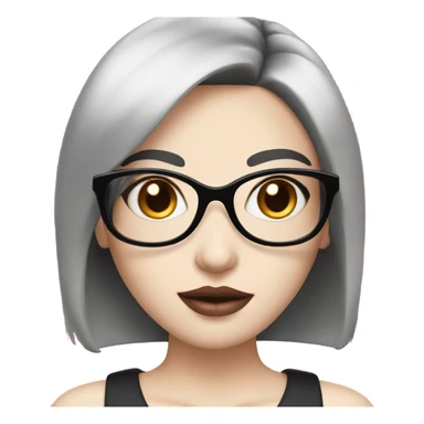 a girl with medium wolfcut black hair pale skin with pink lips, with round pink glasses sticker