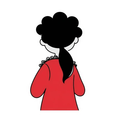 Girl from behind, wearing a red pajama with black and white lace, with curly black hair sticker