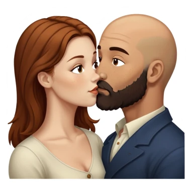 Couple. Bald man with dark brown-black beard. White woman with many small, faded freckles, she has white skin and she has auburn-brown-cinnamon, dark long hair. She has light brown eyes. The man have hazel eyes. She have light eyes. Retro style. She kisses him. Dark akademia. sticker