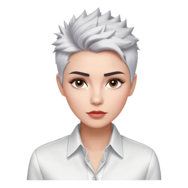 Marian Pabón with elegant facial features, light rosy complexion, expressive eyes, medium well-defined lips, sophisticated pronounced cheekbones, short spiky silver hair styled like a men's cut, dressed in a crisp white button-up shirt sticker