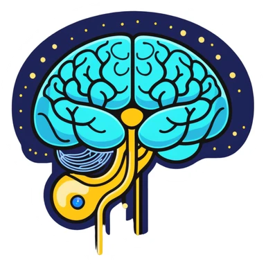 Cute sticker of a pearly blue capsule floating before a stylized brain with golden sparks forming a neural network pattern. A small liver icon glows nearby, all within a gentle swirling aura representing mental clarity and body connection sticker