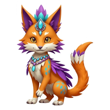 Kawaii cute orange purple turquoise exotic tribal beautiful pretty elegant divine edgy feline-vernid-sergal-Fakémon-Pokémon-Digimon-fursona-animal-creature with bracelet, necklace, full body, with intricate detailed markings, feather headdress  sticker