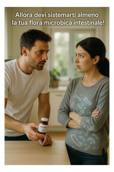 A hyper-realistic, cinematic photo of a young couple in their early 30s having a tense but calmer discussion in a bright modern kitchen. The man, fit, wearing a plain white T-shirt, holds a small probiotic supplement bottle in one hand, leaning slightly forward with a concerned yet firm expression, saying: 'Allora devi sistemarti almeno la tua flora microbica intestinale!' The woman, with dark hair in a loose ponytail, wearing a comfortable home sweater, stands with arms partially crossed, looking at him with a doubtful and confused expression, eyebrows slightly raised, lips parted as if about to respond but uncertain. Around them, faint translucent overlays of microscopic gut flora and bacteria symbols swirl softly near the woman’s abdomen, symbolizing the issue of her imbalanced gut microbiome. The kitchen is bathed in warm natural light, with green plants adding a sense of health and life, while the couple remains in sharp focus. The color palette is warm, with soft shadows and shallow depth of field highlighting the emotional tension yet care in the conversation, visually representing the discussion about gut health within the relationship sticker