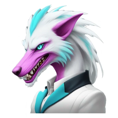 White elegant beautiful natural cute badass epic anthro modern albino sergal-vernid-Fakémon with cyan mane and magenta eyes with cyan edgy stripes, anthropomorphic, two-legged, digitigrade, full body sticker