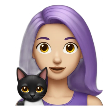a white woman with purple hair holding a black cat sticker