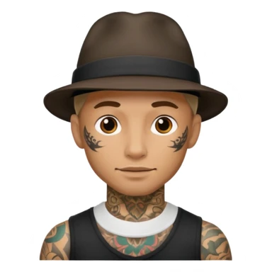 tattooed male with a hat sticker