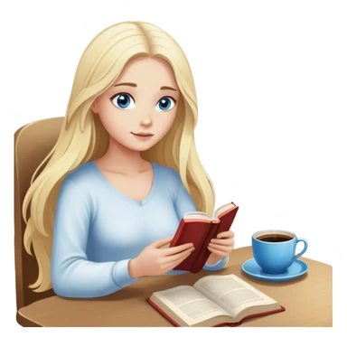 Cinematic realistic blonde with long hair and blue eyes, sitting reading a book, coffee is on the table next to her sticker