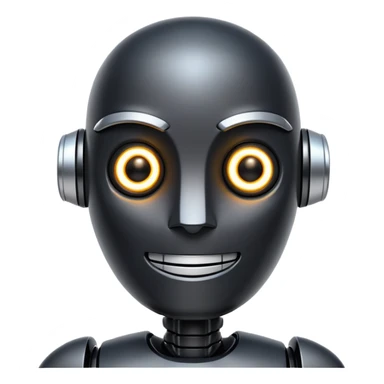 friendly modern face of a black robot with bright white led eyes, smiling, non-threatening sticker