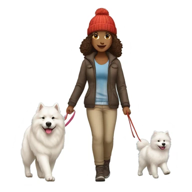 full body view of brunette female with light skin tone with knit hat walking a samoyed on a leash sticker