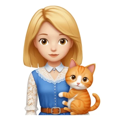 A very beautiful girl with honey-blond hair and kind eyes. She has medium-length hair, is wearing a white lace blouse, blue pants, and a brown belt, and is holding an orange cat.
 sticker