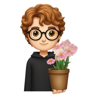 Dessine Harry potter avec des lunettes rondes un baguettes magique dans une main avec les cheveux ondulés avec une cicatrice sur le front et des pots de fleurs dans les mains  sticker