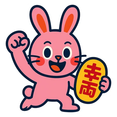pink bunny holding lucky charm and pumping fist, vibrant-toon style sticker