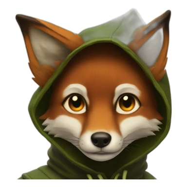 a small dark brown fox with orange eyes with a dark green hood sticker