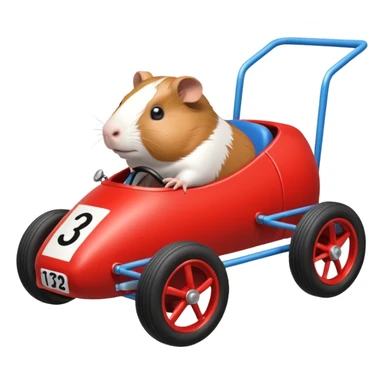Special air-cooled three-cylinder race car whose frame and suspension is made of shopping cart material with a large rear-mounted gas tank, a soft racing seat, and rear spoiler, is being raced by a small Guinea pig sticker