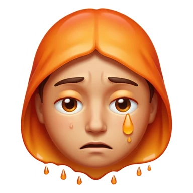 Apple-style emoji illustration of a person melted, overheated face with sweat drops, half-closed exhausted eyes, annoyed or angry expression, warm orange and red tones, soft 3D emoji style, smooth gradients, rounded shapes, centered composition. sticker