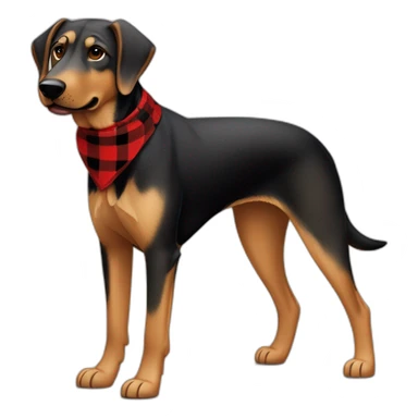 adult 75% Coonhound 25% German Shepherd mix dog with visible tail wearing small pointed red buffalo plaid bandana full body walking left quickly sticker