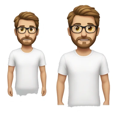 Young man with a short beard, brown hair and a moustache, wearing a white t-shirt and glasses with transparent frame sticker