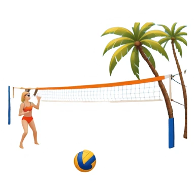 A volleyball resting on the orange sand of a beach, with a volleyball net in the background. The scene includes a beautiful beach landscape with blue sea, sky, and palm trees, while a couple of women in swimsuits play in the distance, capturing the relaxed yet competitive vibe of beach volleyball. sticker