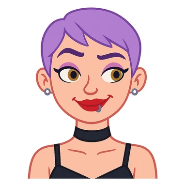 Make the character raise her eyebrows and smirk, and add a lip ring. Keep the pastel purple pixie hair, black choker, red lipstick, and earrings exactly as they are. Maintain the pastel toon style with a transparent background. sticker