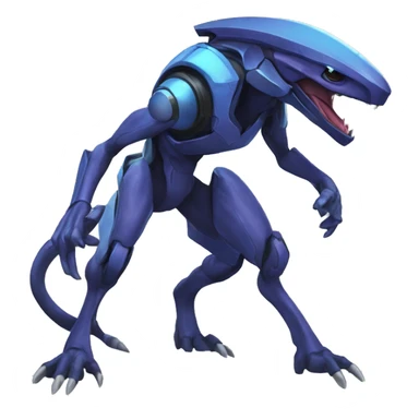 a black-blue Genesect-Raptor-Fakémon—hybrid with a futuristic visor-helmet full body sticker